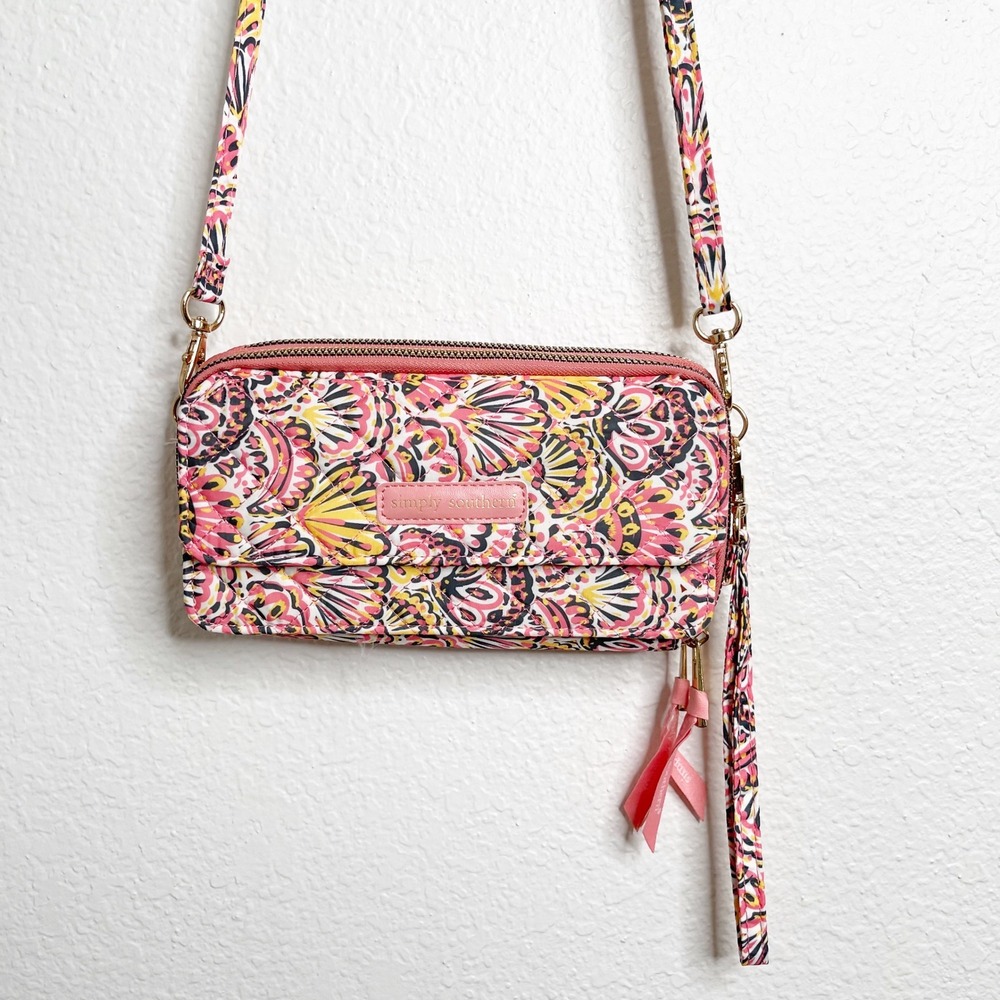 Simply Southern Pink Yellow Abstract Crossbody Wallet Wristlet Bag Gold Hardware